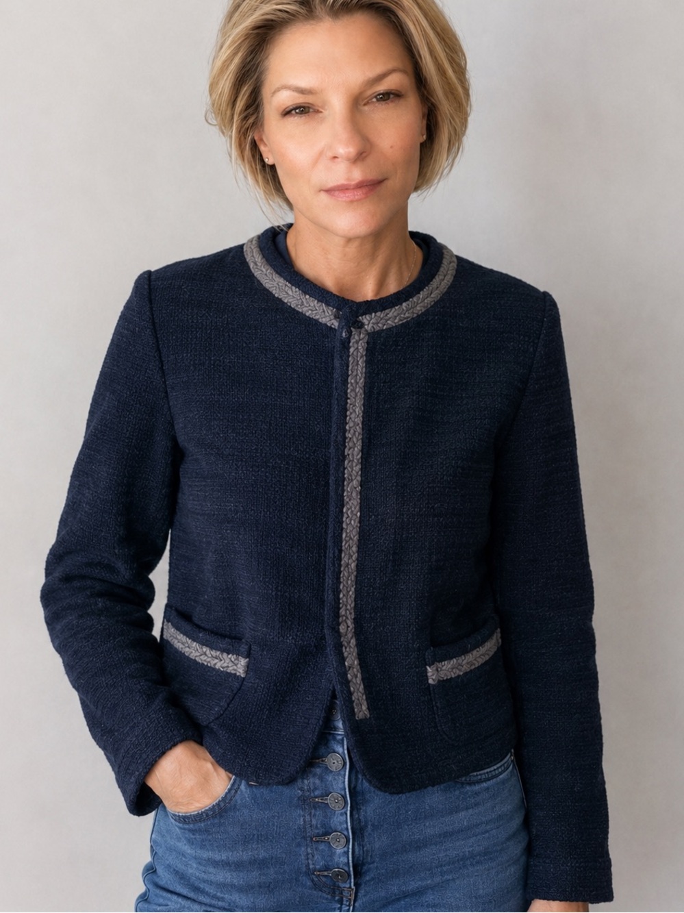 AEO Navy Thick Cotton Crew Neck Snap Front Raw Edge Cardigan Clueless Preppy